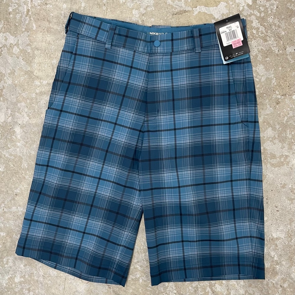 Nike‎ Golf Shorts Mens 30 Blue Dri-Fit Plaid 12" Tour Performance Logo Outdoor